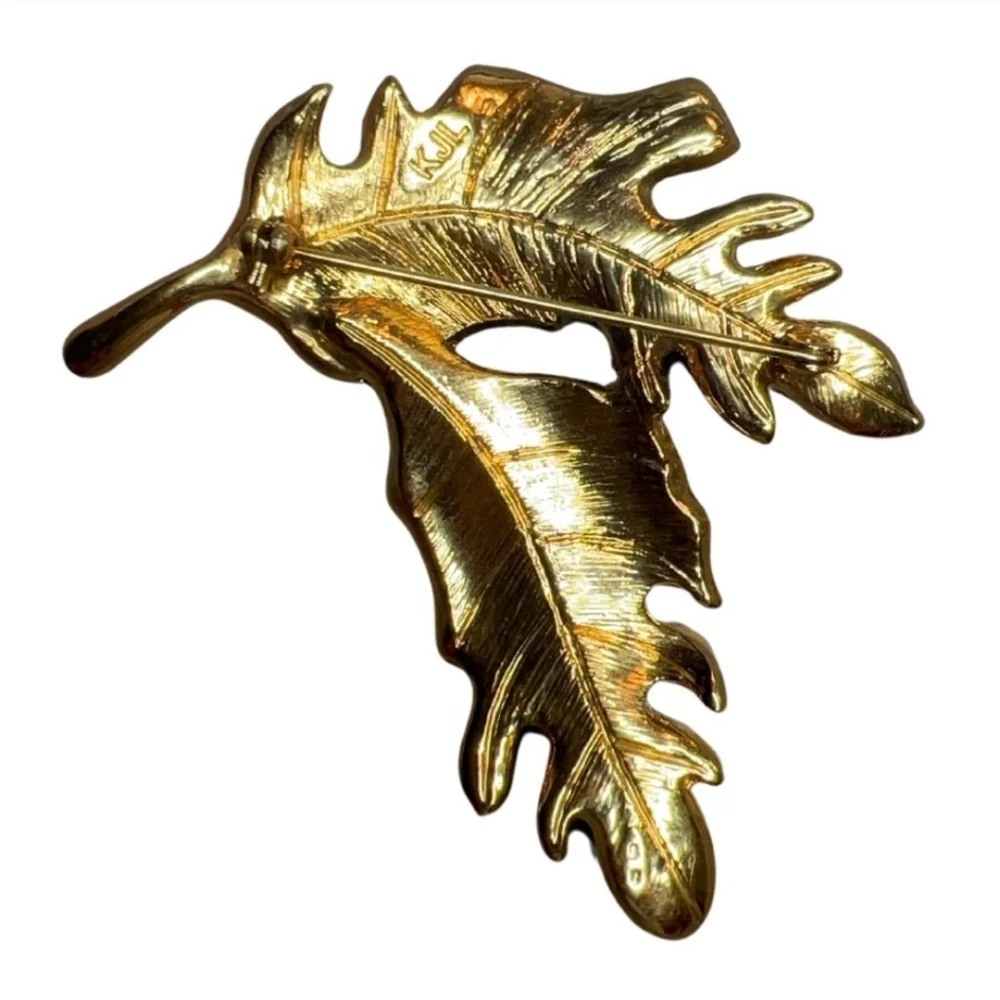 KJL Kenneth Jay Lane Vintage Jeweled Leaf Brooch Gold Tone Rhinestone Statement